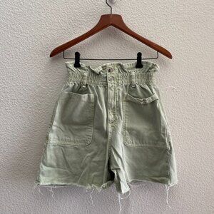 Zara High Waist Paper Bag Denim Shorts Elastic Waistband Green Raw Hem
